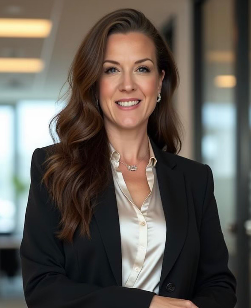 Confident professional woman in business attire smiling indoors.